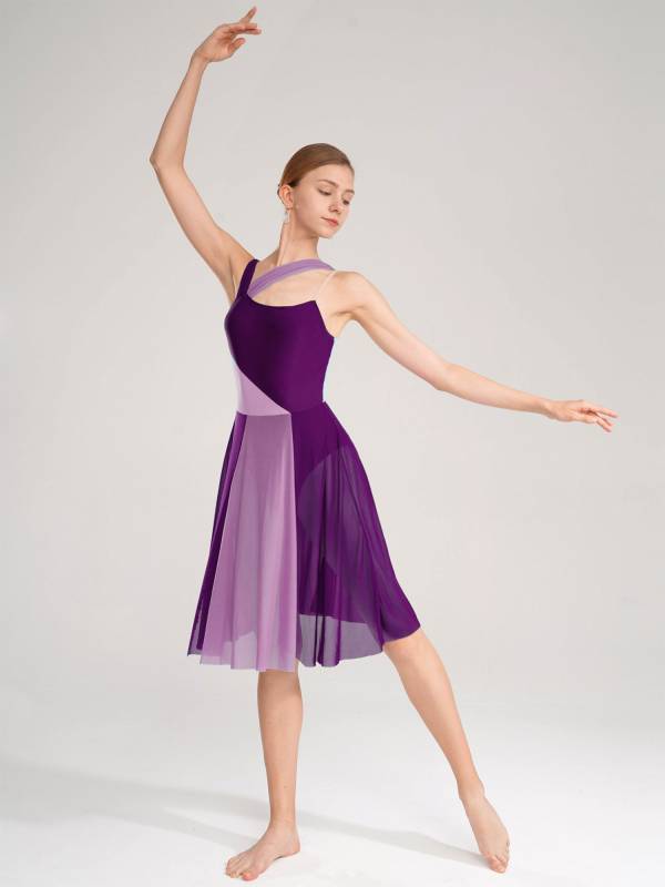 Women Sleeveless Color Block Mesh Lyrical Dance Leotard Dress thumb
