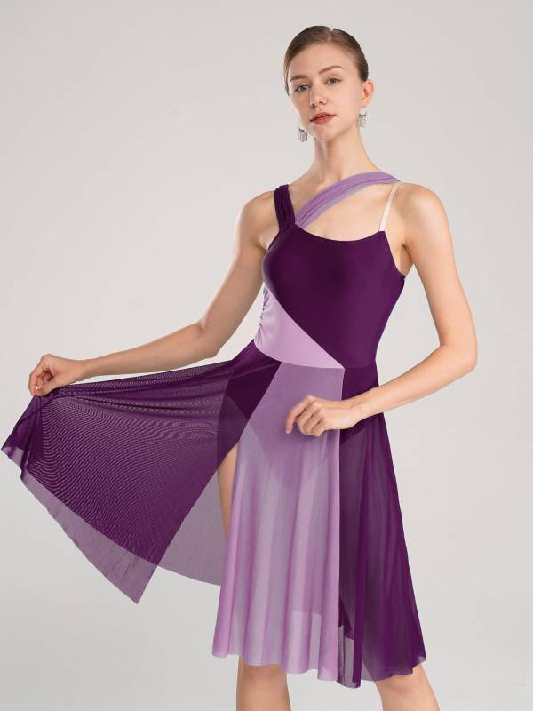 Women Sleeveless Color Block Mesh Lyrical Dance Leotard Dress thumb