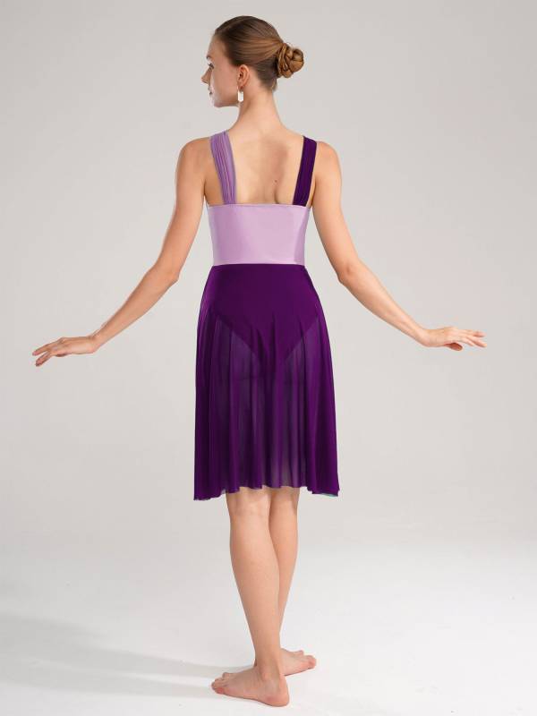 Women Sleeveless Color Block Mesh Lyrical Dance Leotard Dress thumb