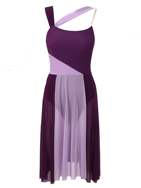 Women Sleeveless Color Block Mesh Lyrical Dance Leotard Dress thumb