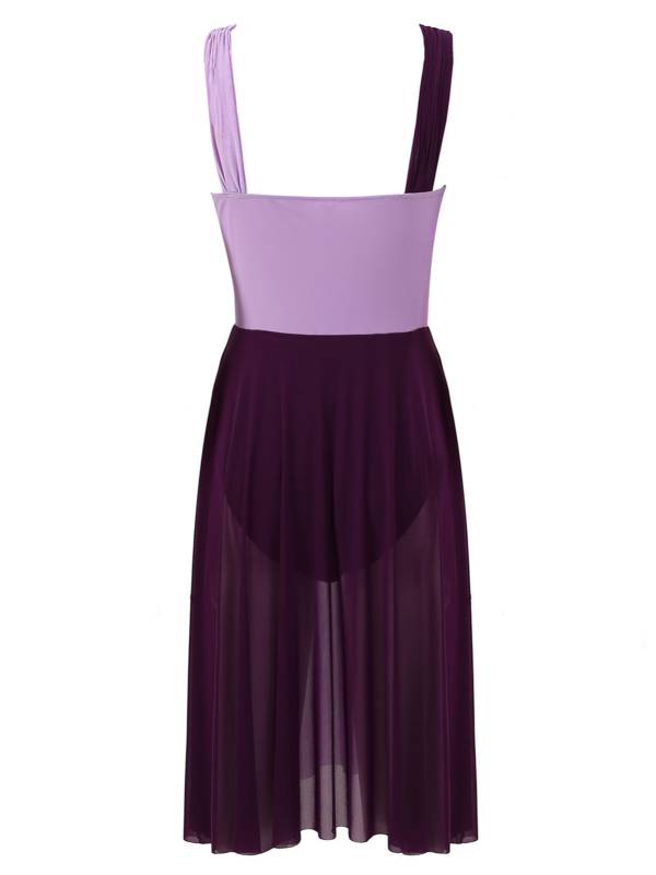 Women Sleeveless Color Block Mesh Lyrical Dance Leotard Dress thumb