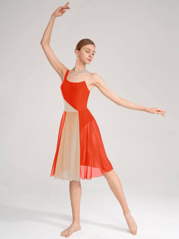 Women Sleeveless Color Block Mesh Lyrical Dance Leotard Dress thumb