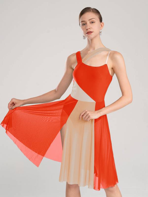 Women Sleeveless Color Block Mesh Lyrical Dance Leotard Dress thumb