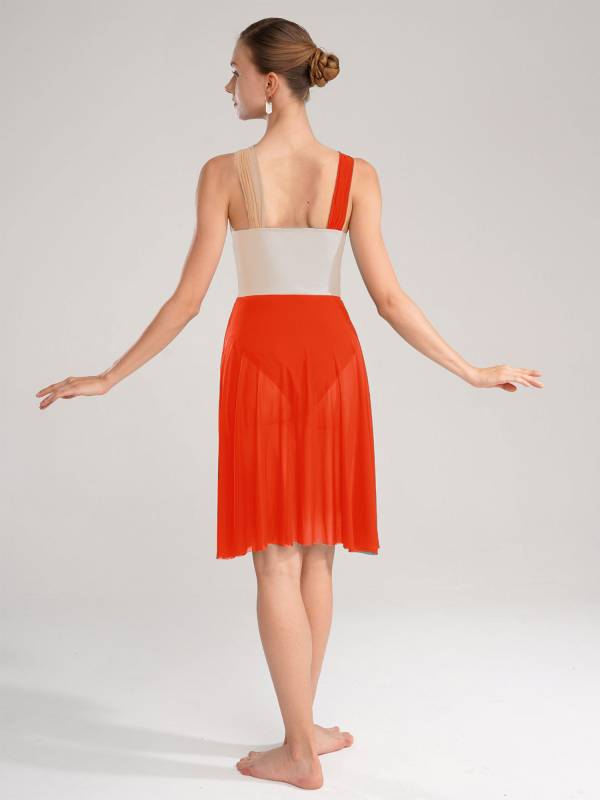Women Sleeveless Color Block Mesh Lyrical Dance Leotard Dress thumb