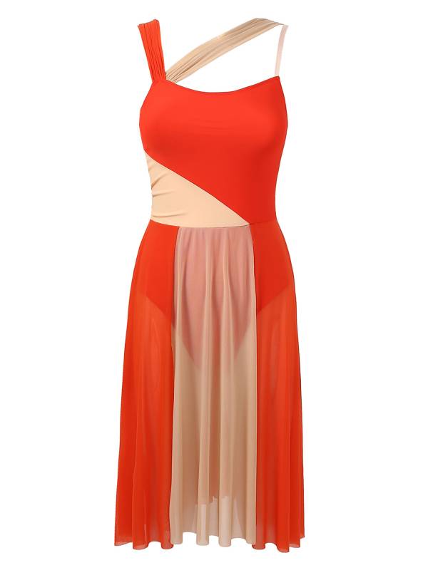 Women Sleeveless Color Block Mesh Lyrical Dance Leotard Dress thumb