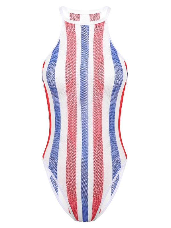 Women Rainbow Striped Fishnet One Piece Swimsuit thumb