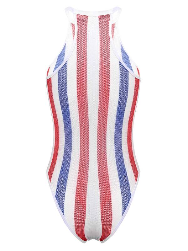 Women Rainbow Striped Fishnet One Piece Swimsuit thumb