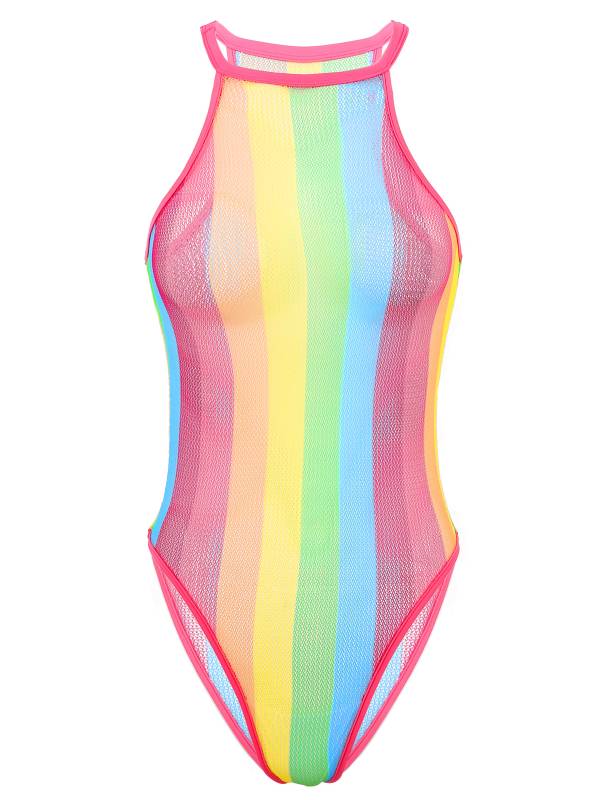 Women Rainbow Striped Fishnet One Piece Swimsuit thumb