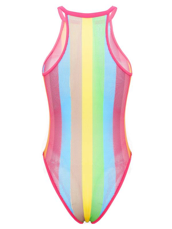 Women Rainbow Striped Fishnet One Piece Swimsuit thumb