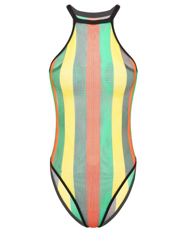 Women Rainbow Striped Fishnet One Piece Swimsuit thumb