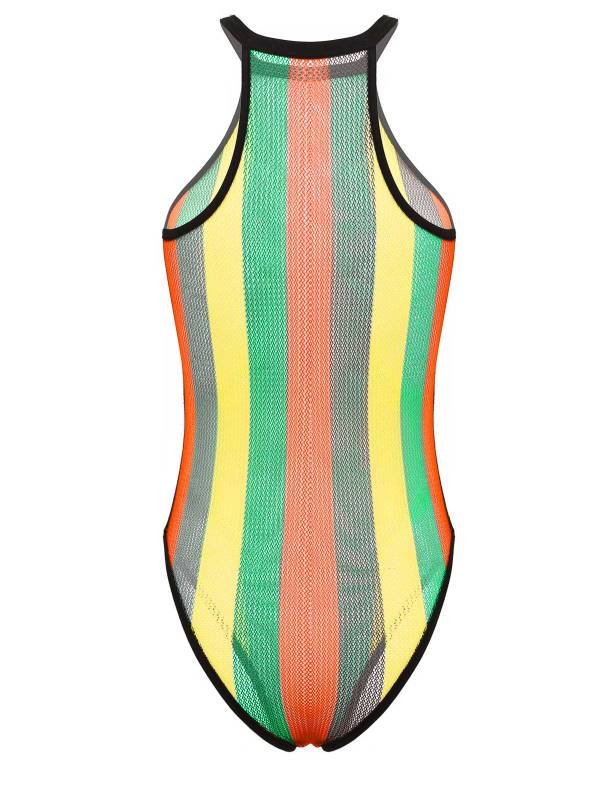 Women Rainbow Striped Fishnet One Piece Swimsuit thumb