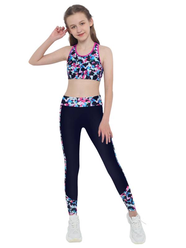 Kids Girls 2pcs Sleeveless Mesh Racer Back Crop Top and Leggings Sports Set thumb