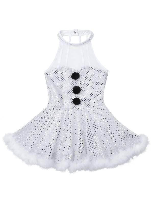Kids Girls Christmas Sleeveless Halter Neck Sequins Snowman Costume Tutu Dress thumb