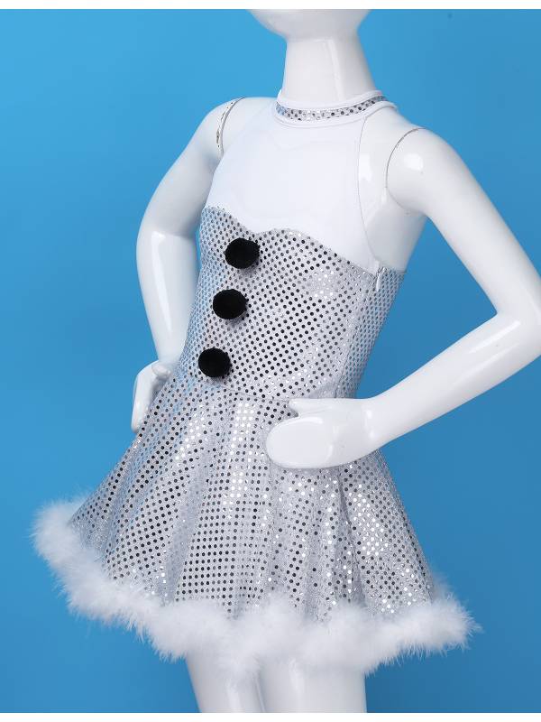 Kids Girls Christmas Sleeveless Halter Neck Sequins Snowman Costume Tutu Dress thumb