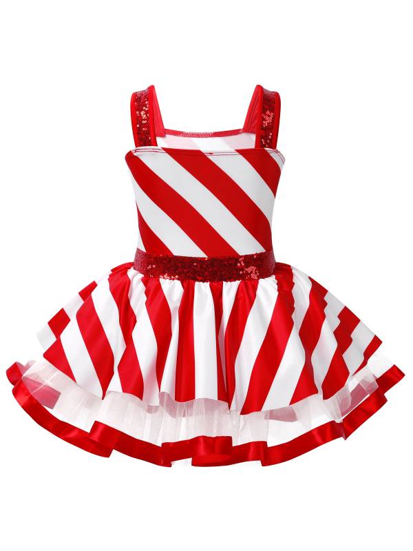 Kids Girls Christmas Sleeveless Sequins Striped Twirling Leotard Dress thumb