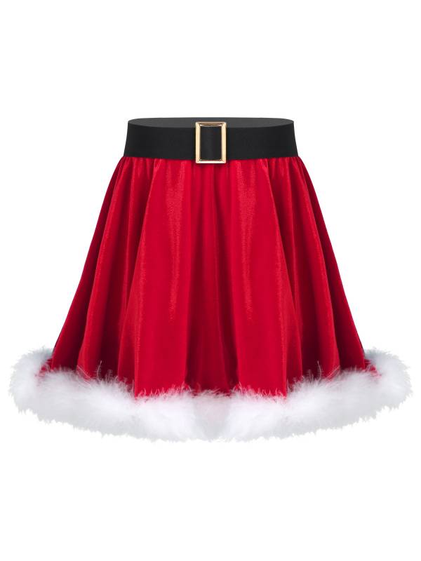 Kids Girls Christmas Velvet Solid Color A-line Skirt thumb