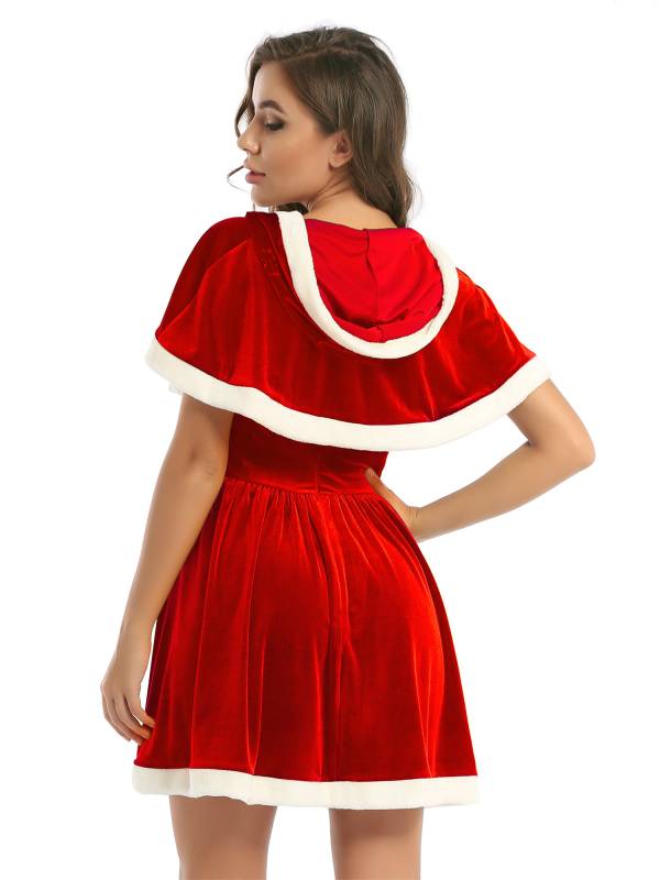 Women Sleeveless Velvet A-line Dress and Hooded Cape Christmas Reindeer Costume thumb