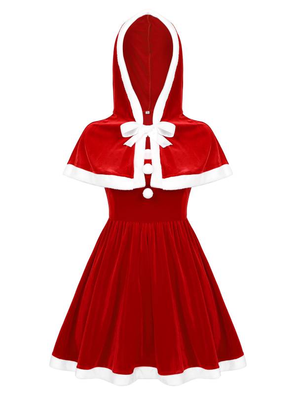 Women Sleeveless Velvet A-line Dress and Hooded Cape Christmas Reindeer Costume thumb