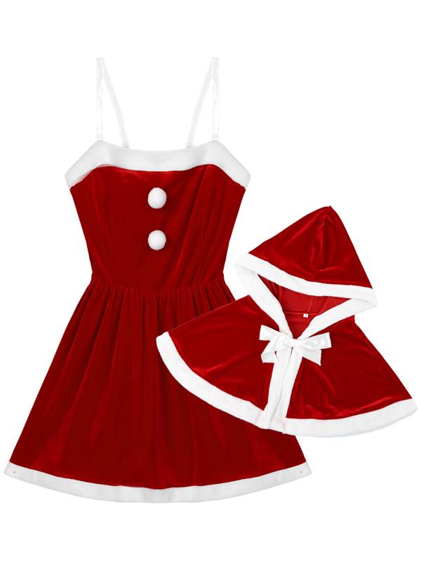 Women Sleeveless Velvet A-line Dress and Hooded Cape Christmas Reindeer Costume thumb