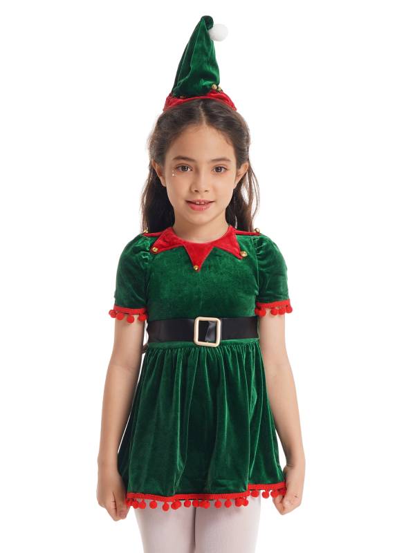 Kids Girls Christmas Short Sleeves Velvet Tassel Tutu Dress with Hat Belt thumb