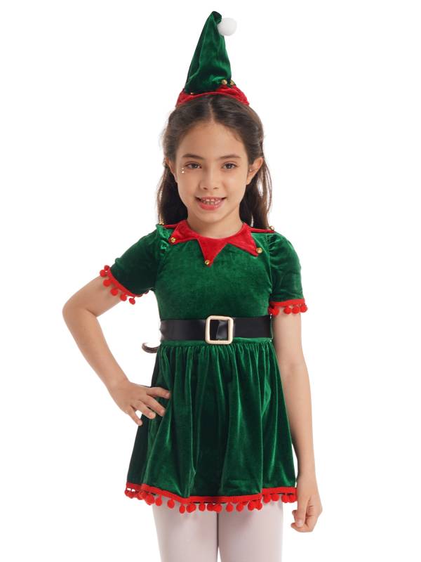 Kids Girls Christmas Short Sleeves Velvet Tassel Tutu Dress with Hat Belt thumb