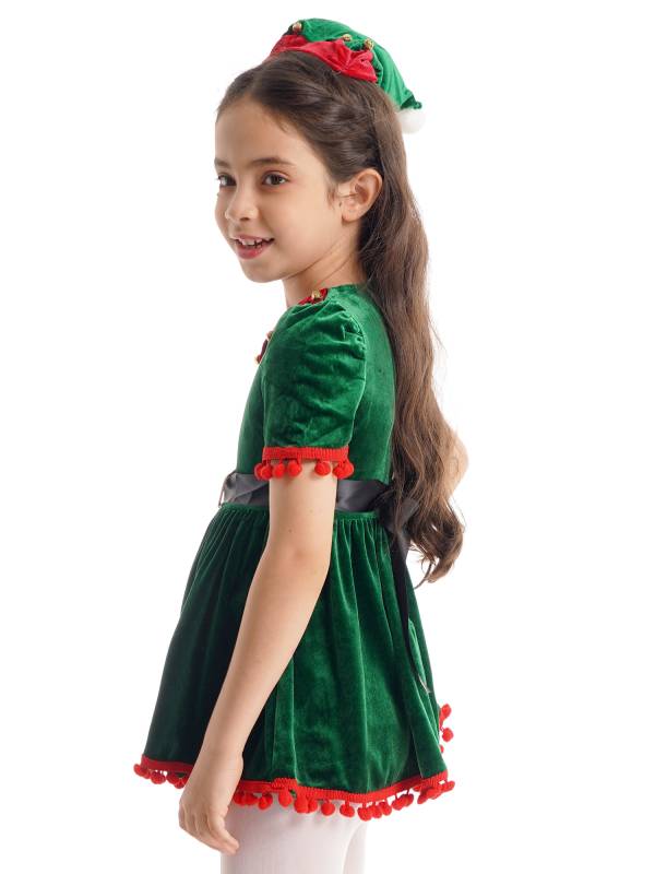 Kids Girls Christmas Short Sleeves Velvet Tassel Tutu Dress with Hat Belt thumb