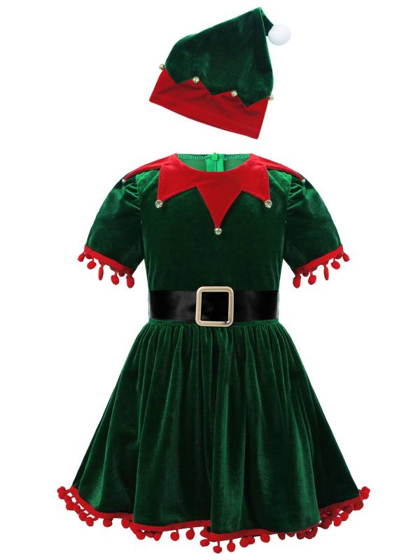 Kids Girls Christmas Short Sleeves Velvet Tassel Tutu Dress with Hat Belt thumb