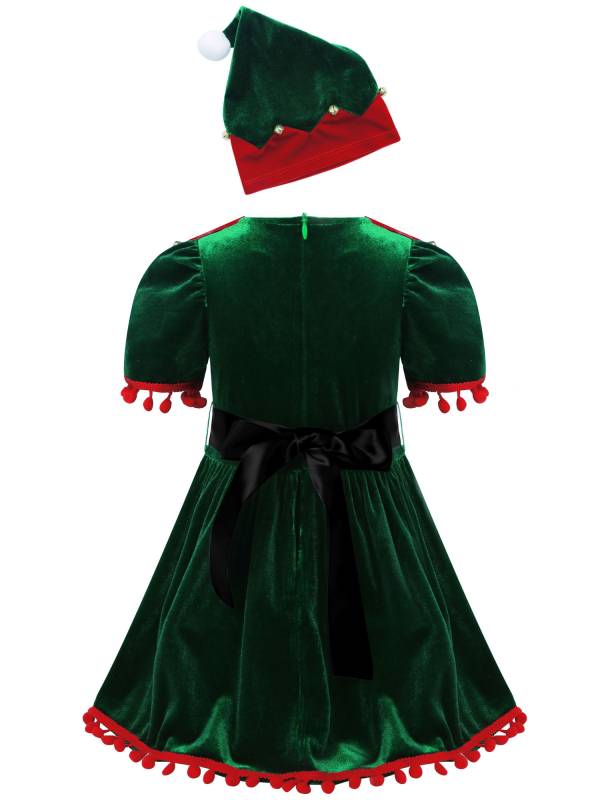 Kids Girls Christmas Short Sleeves Velvet Tassel Tutu Dress with Hat Belt thumb