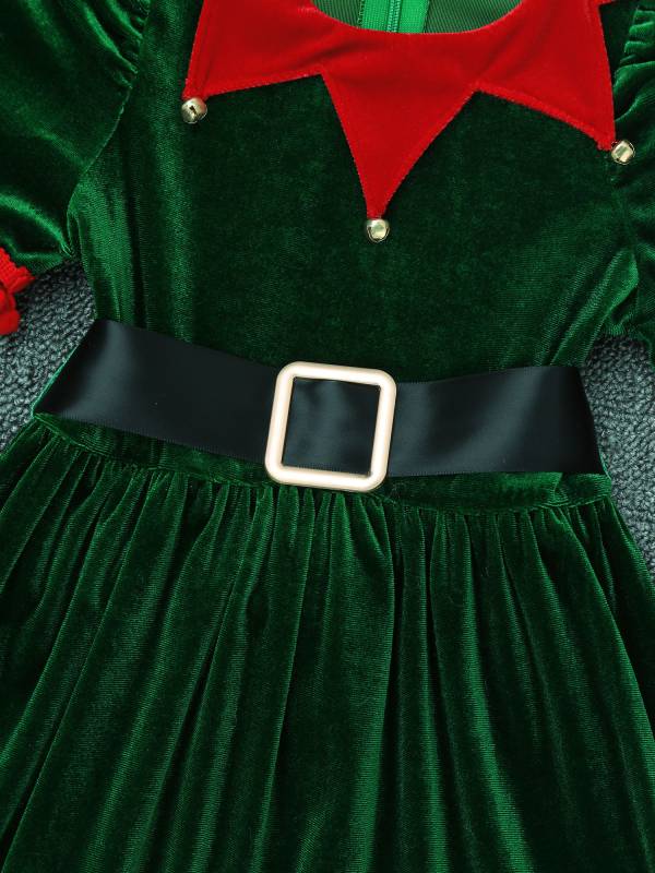 Kids Girls Christmas Short Sleeves Velvet Tassel Tutu Dress with Hat Belt thumb