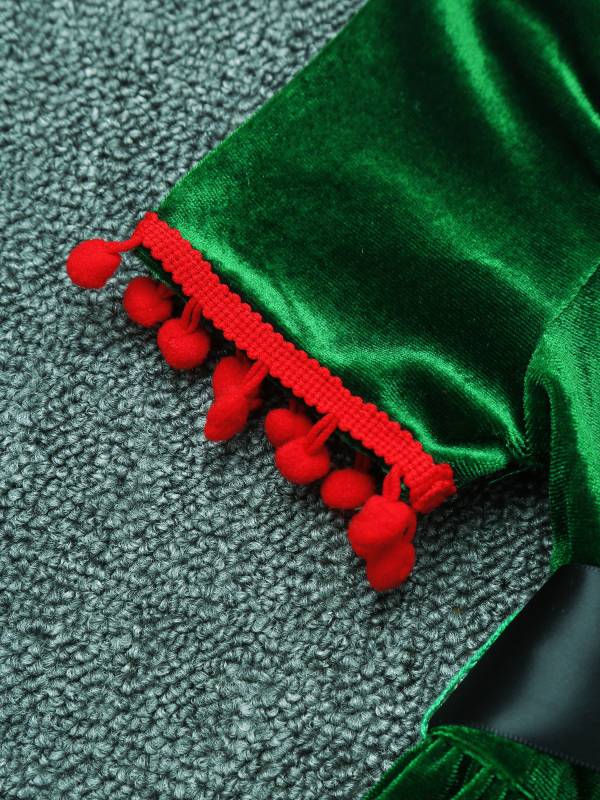 Kids Girls Christmas Short Sleeves Velvet Tassel Tutu Dress with Hat Belt thumb