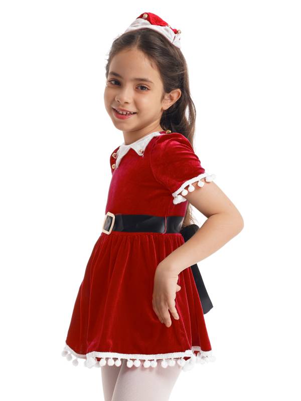 Kids Girls Christmas Short Sleeves Velvet Tassel Tutu Dress with Hat Belt thumb