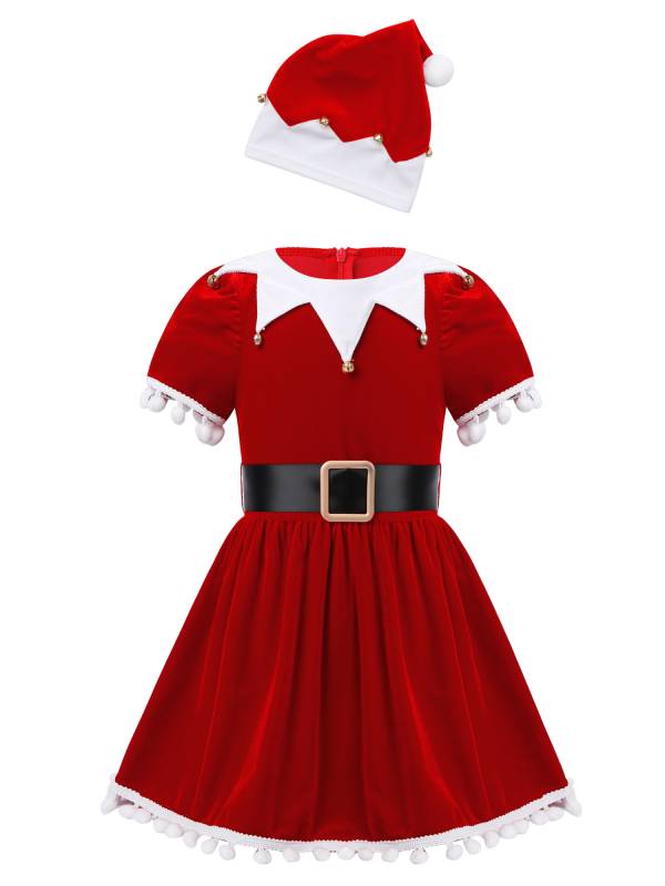 Kids Girls Christmas Short Sleeves Velvet Tassel Tutu Dress with Hat Belt thumb