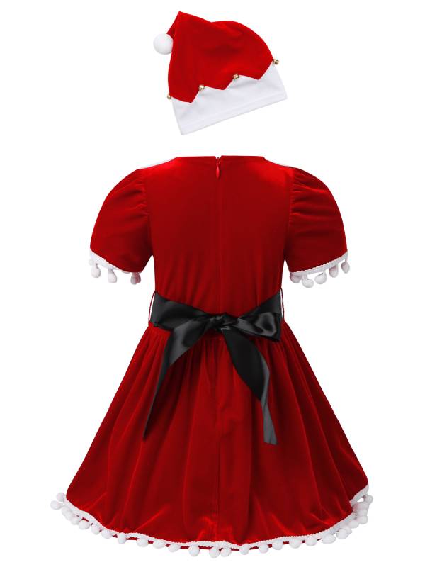 Kids Girls Christmas Short Sleeves Velvet Tassel Tutu Dress with Hat Belt thumb