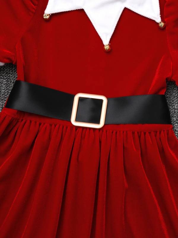 Kids Girls Christmas Short Sleeves Velvet Tassel Tutu Dress with Hat Belt thumb
