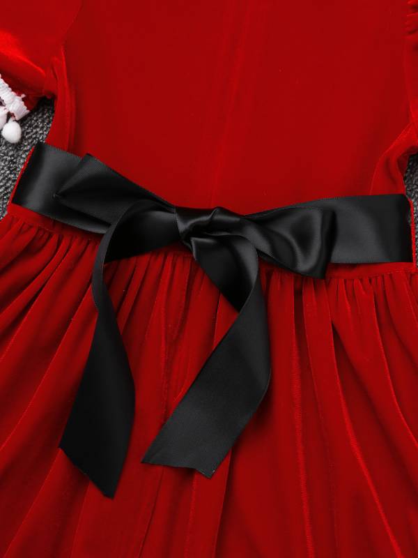 Kids Girls Christmas Short Sleeves Velvet Tassel Tutu Dress with Hat Belt thumb