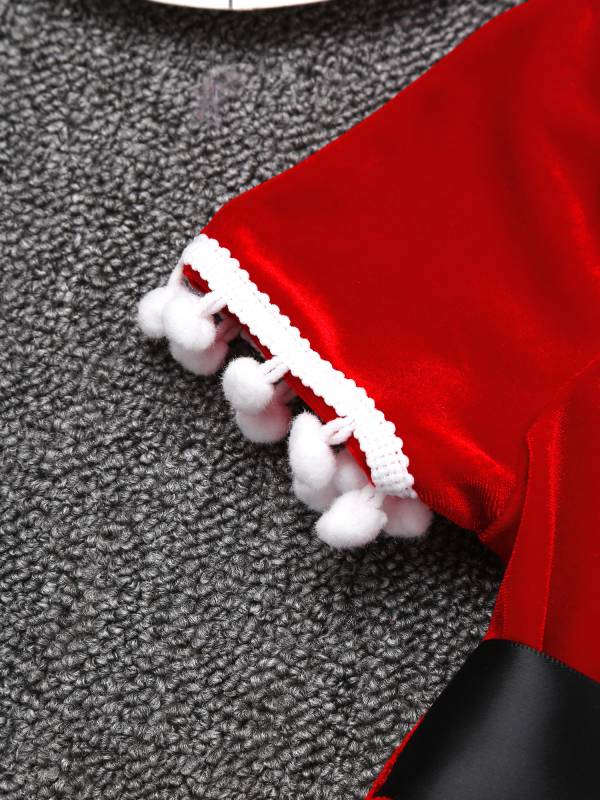Kids Girls Christmas Short Sleeves Velvet Tassel Tutu Dress with Hat Belt thumb