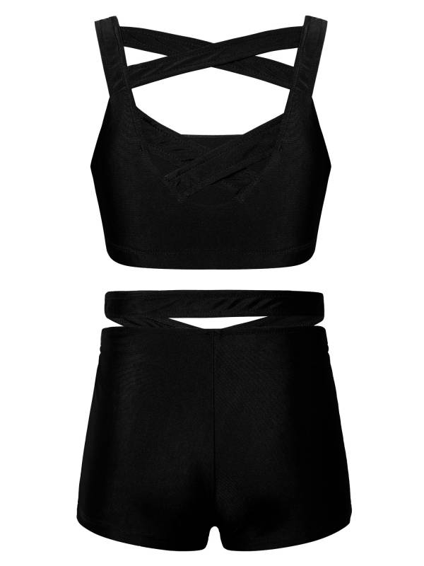 Kids Girls Solid Black Sleeveless Crop Top and Shorts Sport Sets thumb