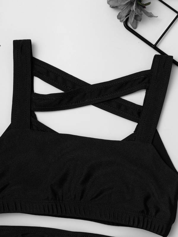 Kids Girls Solid Black Sleeveless Crop Top and Shorts Sport Sets thumb