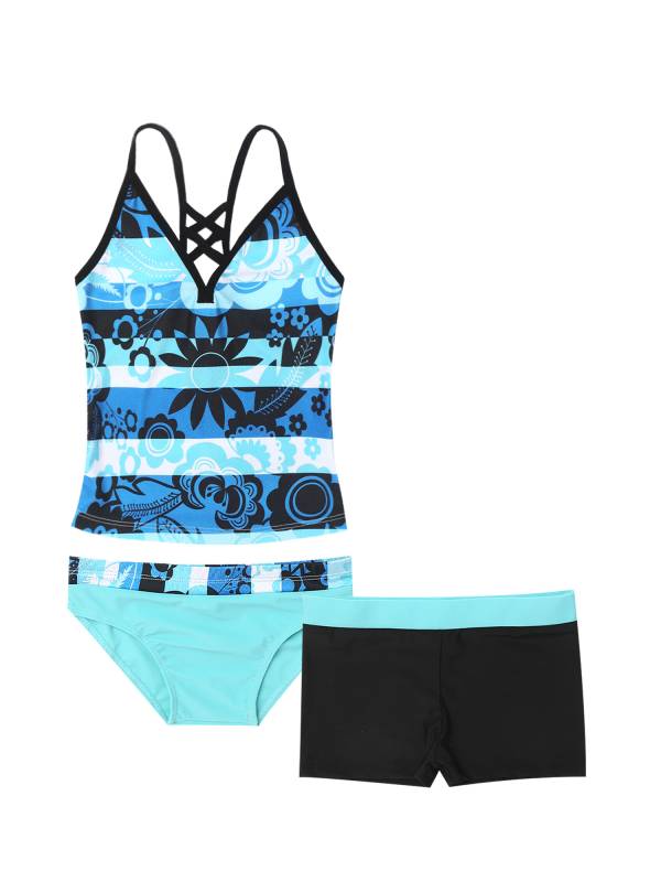 Kids Girls 3Pcs Floral Printed Tankini with Shorts Swimsuit Set thumb