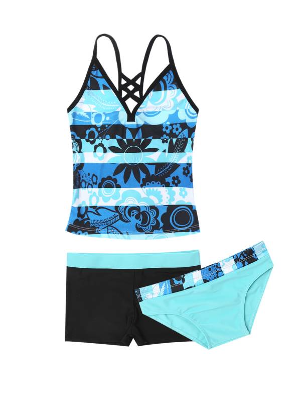 Kids Girls 3Pcs Floral Printed Tankini with Shorts Swimsuit Set thumb