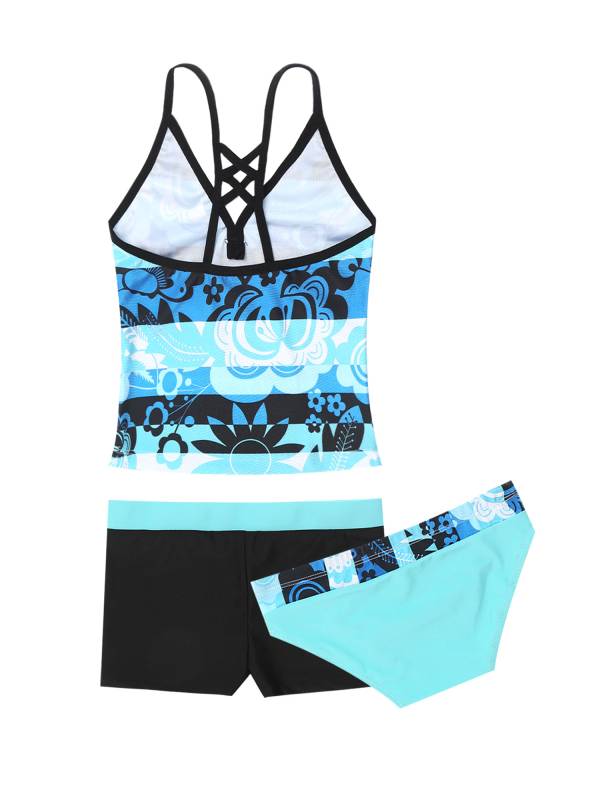 Kids Girls 3Pcs Floral Printed Tankini with Shorts Swimsuit Set thumb