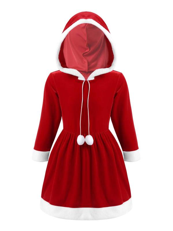 Kids Girls Christmas Santa Claus Long Sleeve Velvet Hooded A-line Dress thumb