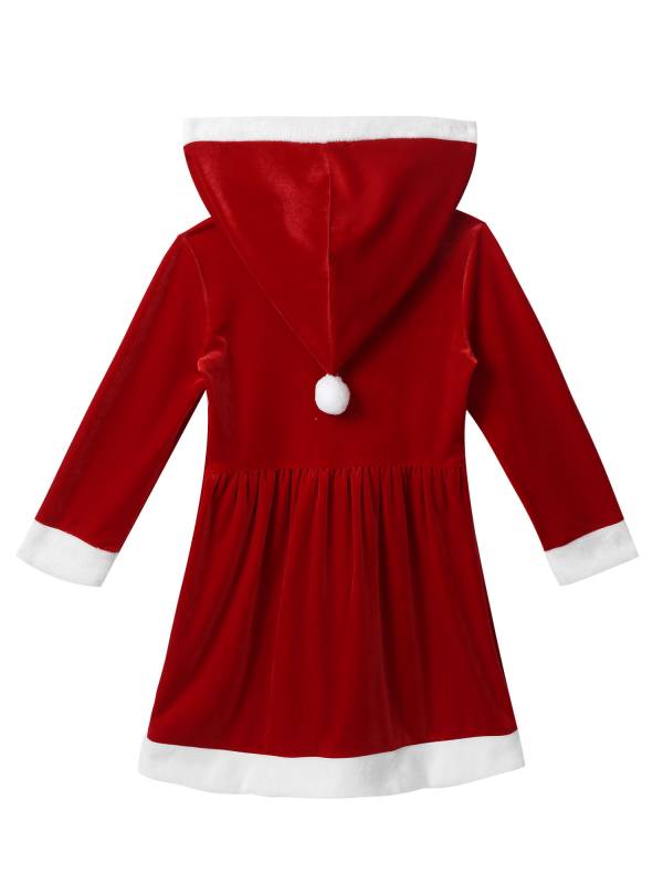 Kids Girls Christmas Santa Claus Long Sleeve Velvet Hooded A-line Dress thumb