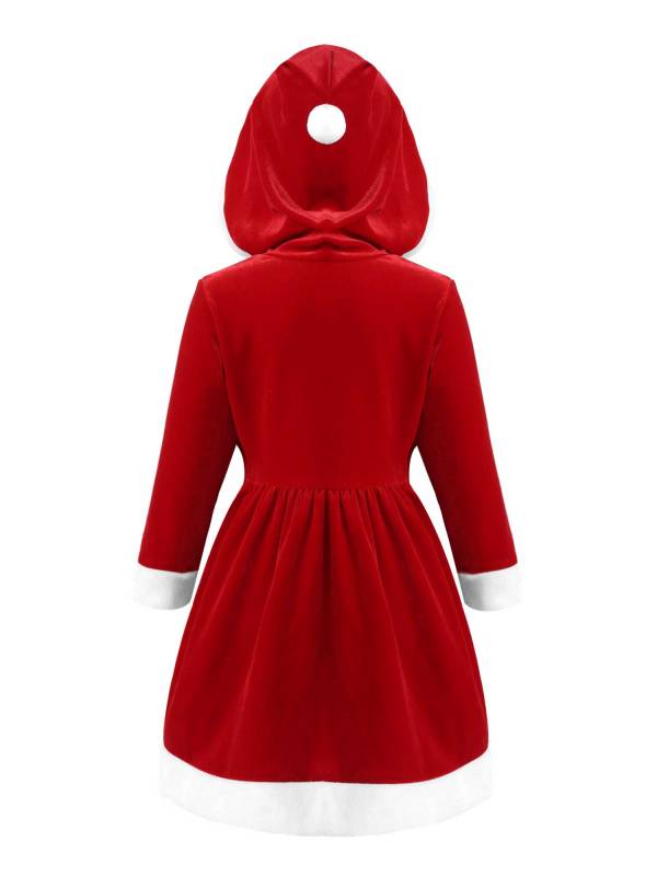Kids Girls Christmas Santa Claus Long Sleeve Velvet Hooded A-line Dress thumb