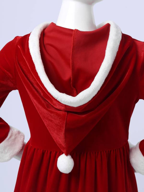 Kids Girls Christmas Santa Claus Long Sleeve Velvet Hooded A-line Dress thumb