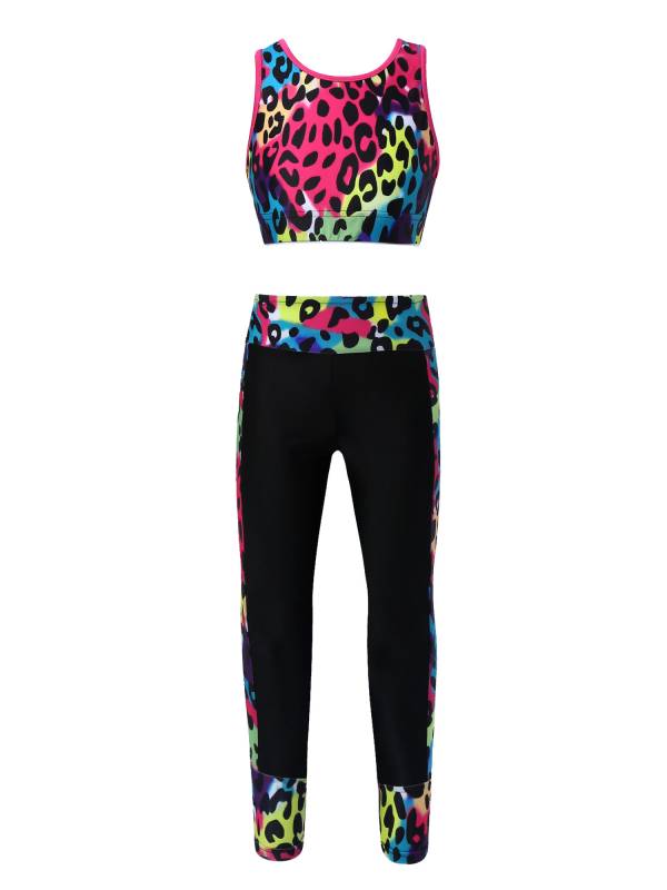 Kids Girls 2pcs Sleeveless Mesh Racer Back Crop Top and Leggings Sports Set thumb