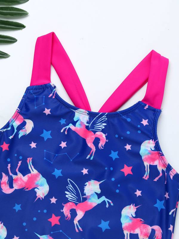 Kids Girls Sleeveless Unicorn Pattern One-Piece Swimsuit thumb