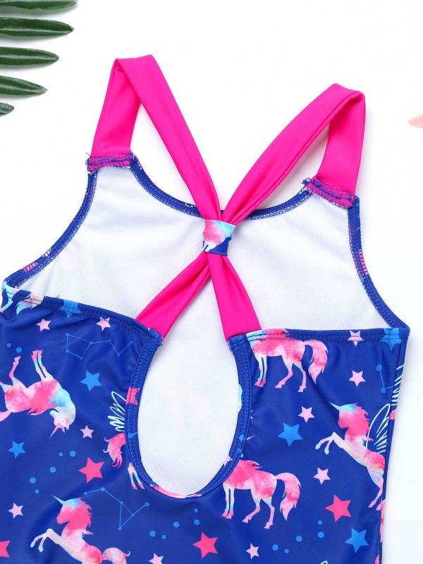 Kids Girls Sleeveless Unicorn Pattern One-Piece Swimsuit thumb