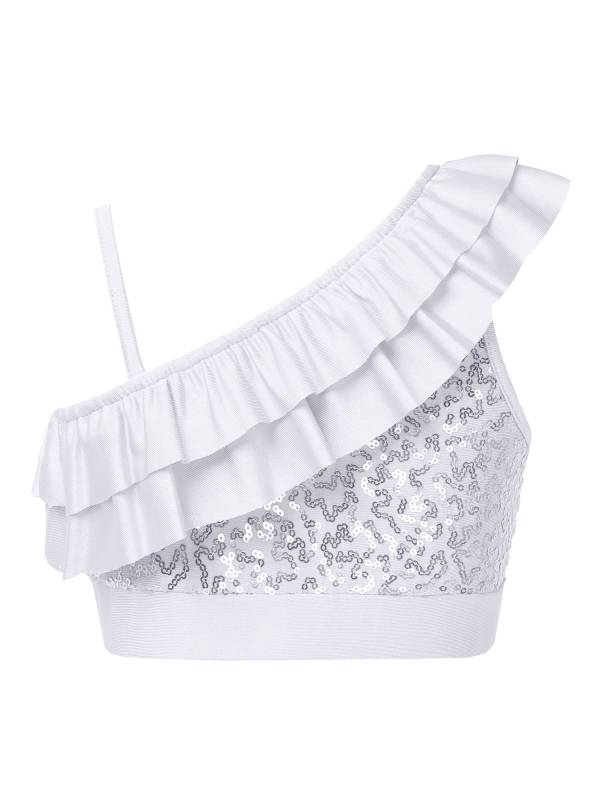 Kids Girls Sleeveless Sequin Ruffle Jazz Dance Crop Top thumb