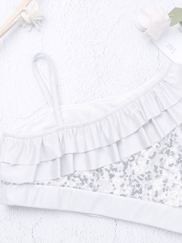 Kids Girls Sleeveless Sequin Ruffle Jazz Dance Crop Top thumb